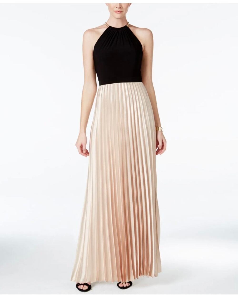 Xscape Black Champagne Gold Pleated Sleeveless Halter Maxi Gown Dress Size 4